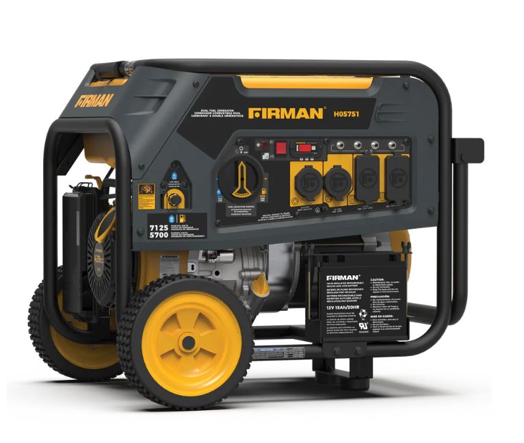 Firman H05751 Dual Fuel 7125, 5700W Electric Start Gas or Propane Powered Portable Generator with Wheel Kit