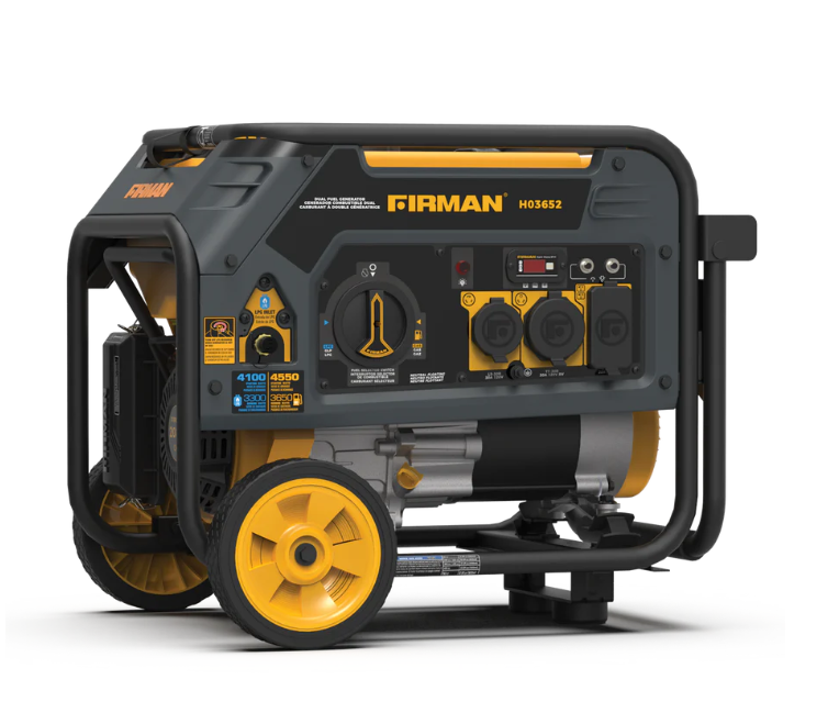 Firman H03652 Dual Fuel 4550, 3650W Recoil Start Gas or Propane Powered Portable Generator with Wheel Kit